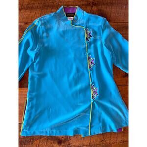 Womens‎ Bob Mackie Blue Silk 3/4 Sleeve Button Down 100% Silk Blouse Size M